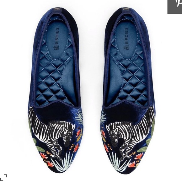 💙🦓NWT BIRDIES X MINTED embroidered velvet smoking slippers - zebra - Picture 1 of 7